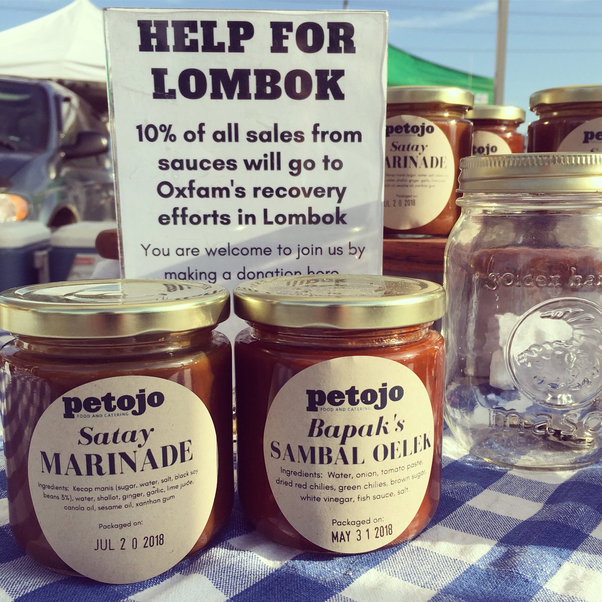 Market day! We are at <a href="/MasonvilleMkt/">Masonville Market</a> until 1pm then Bayfield Farmers’ Market from 3-7pm. We began our fundraising drive today for @oxfamcanada to help support their relief efforts in #Lombok. #petojofood #lombokearthquake