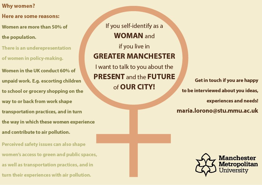 Women of Greater #Manchester, I need you! My study at <a href="/MMUsste/">MMUsste</a> looks at how women perceive #airpollution and imagine the future of #GreaterManchester. Email me👇to be interviewed! <a href="/CatalyseCh/">Catalyse Change</a> <a href="/PyLadiesNWUK/">PyLadies NorthWest UK</a> <a href="/CarbonCoop/">Carbon Coop</a> <a href="/SustWomen/">Women in Sustainability</a> <a href="/greatermcr/">Greater Manchester Combined Authority</a> <a href="/MothersInvent/">Mothers of Invention</a> help me spread the word?