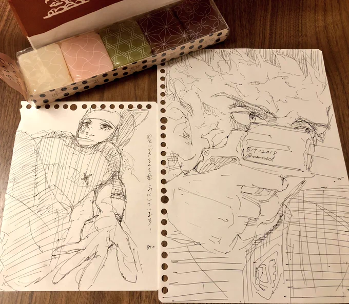 先日来京されたはとさん(. @marnecl )と抜打ちのイクサをして参りました
お菓子を頂いてしまうばかりか生絵まで!
下書き無しでその場でサササーっと描かれちゃうのには参った、流石だしカッキェー... 