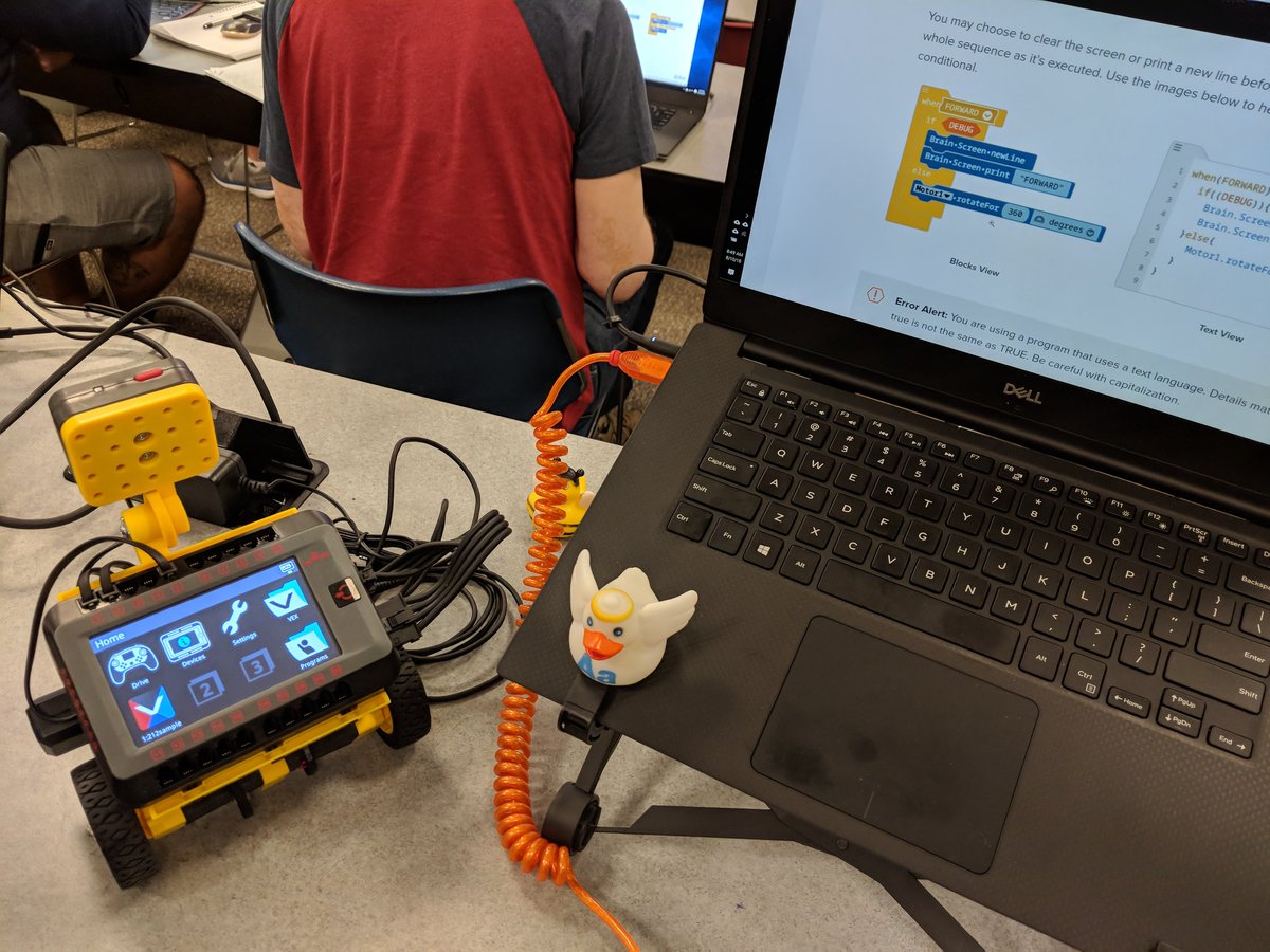 CSGuy57's tweet photo. Working on a self-driving vehicle at PLTW CSE training at UMBC.. I've got my trusty duck for rubber duck debugging. https://t.co/TCWPGjkeNu