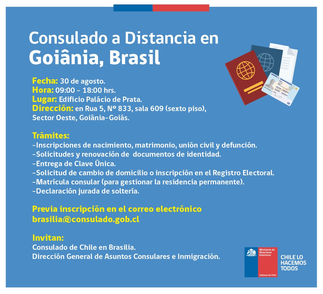 Si estás en #Goiânia 🇧🇷
👉Agenda esta actividad 🗓️
Jueves 30/08 Servicios Consulares 🇨🇱 
✅Realiza tu solicitud de cambio de domicilio electoral o inscripción en el Registro Electoral.