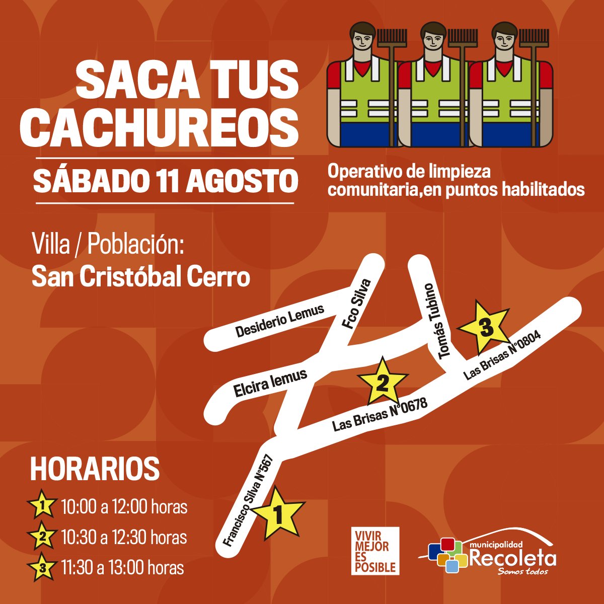 ¡Atención Villa San Cristóbal!
Este sábado 11 de agosto llegaremos con el operativo de retiro de cachureos.
Serán 3 puntos ubicados en:
- Francisco Silva 567
- Las Brisas 0678
- Las Brisas 0804
#BuenViernes 😊