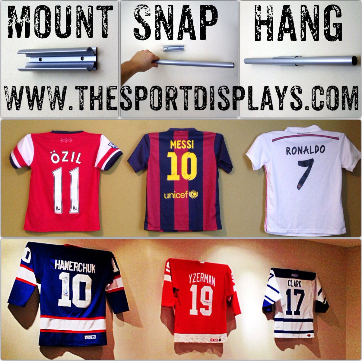 displaying jerseys on a wall