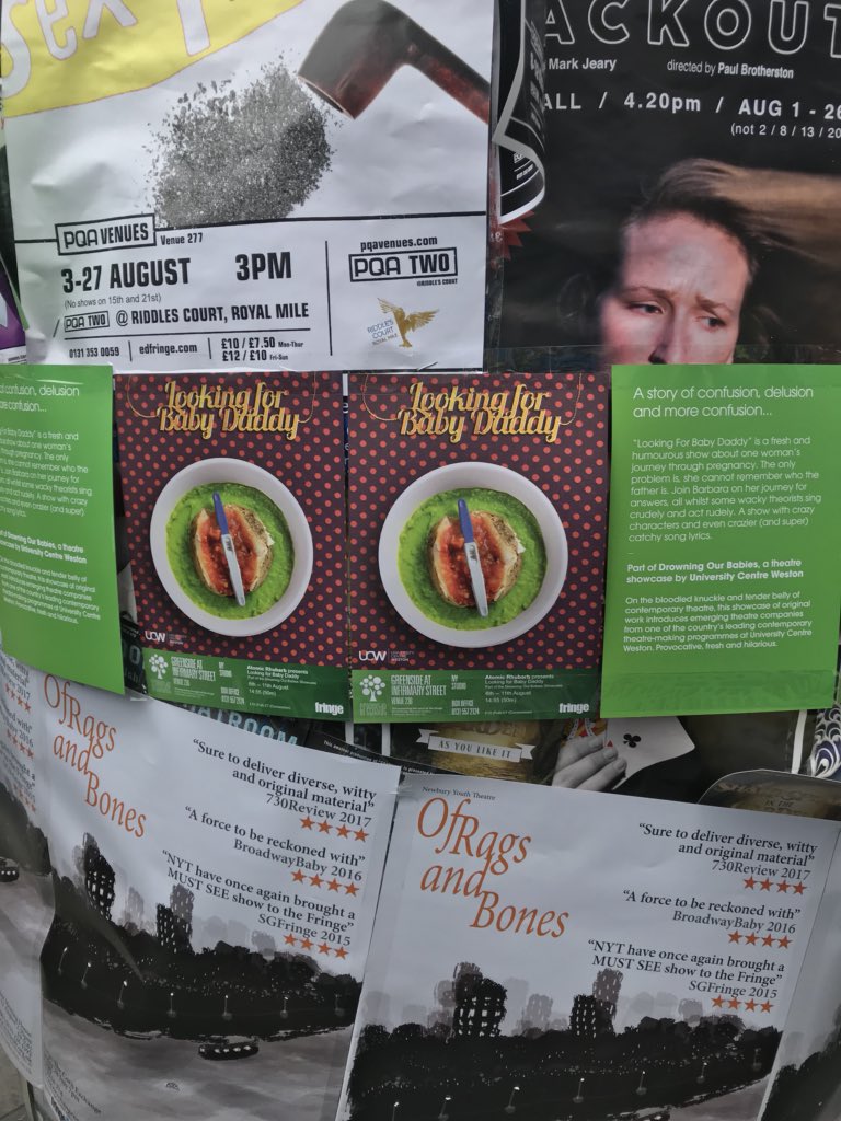 AtomicRhubarb's tweet photo. See if you can find one of our flyers on the #RoyalMile today π#LookingForBabyDaddy #DrowningOurBabiesFestival #EdFringe @GreensideVenue https://t.co/7ZKLiyvWy4