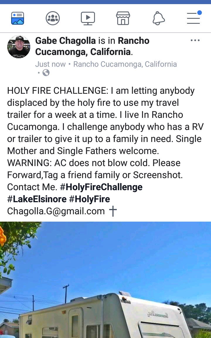 BackstageGabe's tweet photo. @GigiGraciette @FOXLA HOLY FIRE CHALLENGE:I am letting anybody displaced by the holy fire to use my travel trailer for a week at a time.I live Rancho Cucamonga.I challenge anybody who has a RV trailer to give it up to family in need  #HolyFireChallenge #LakeElsinore #HolyFire Chagolla.G@gmail.com ✝️ https://t.co/xx1YbFVHyZ