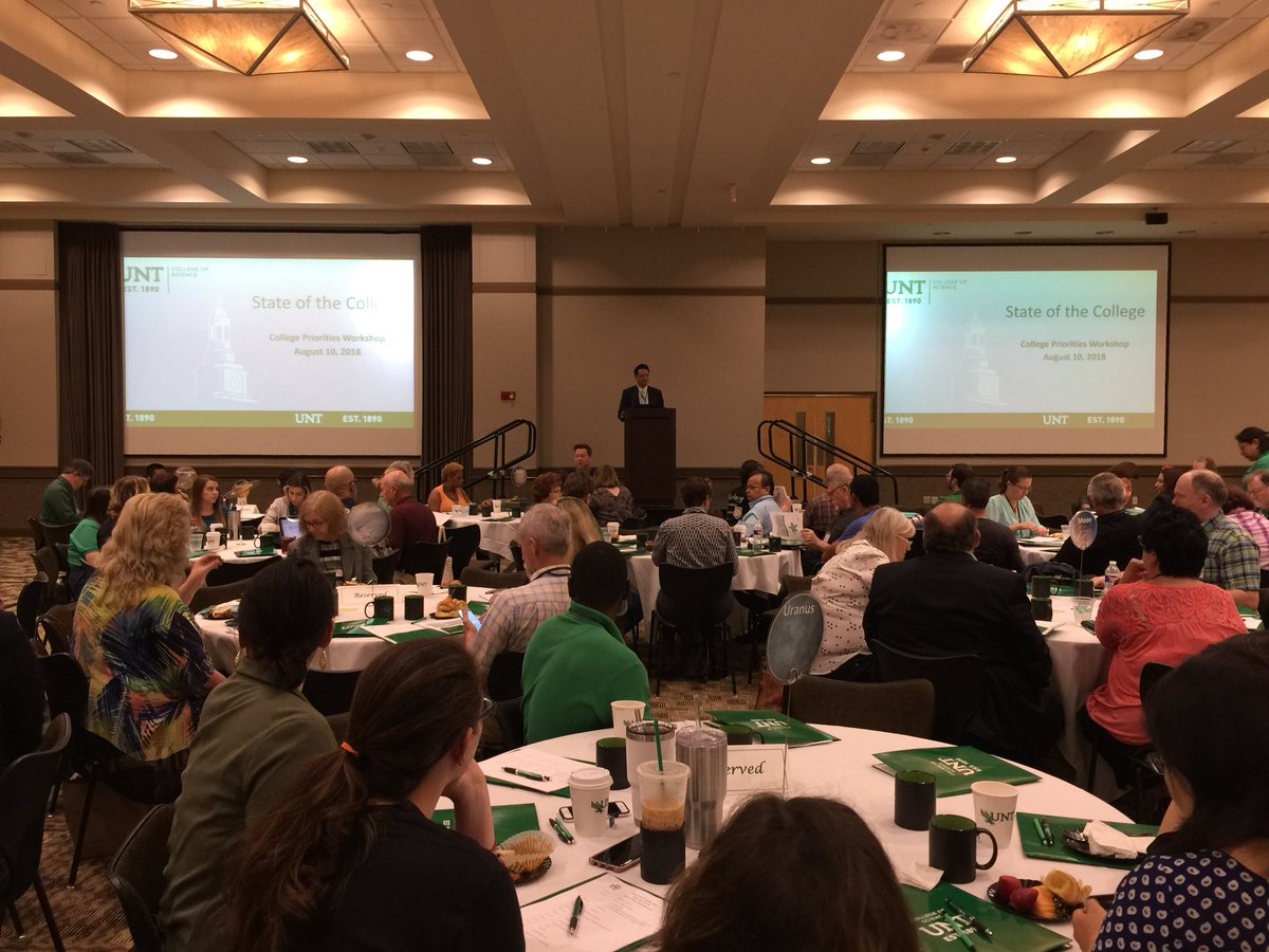 UNTScience's tweet photo. UNT COS Dean @SuGaoScience welcoming everyone to the #COSWorkshop18. We’ll be collaborating all day to make the 2018-19 school year better than ever! https://t.co/3Ks44FA5Qh