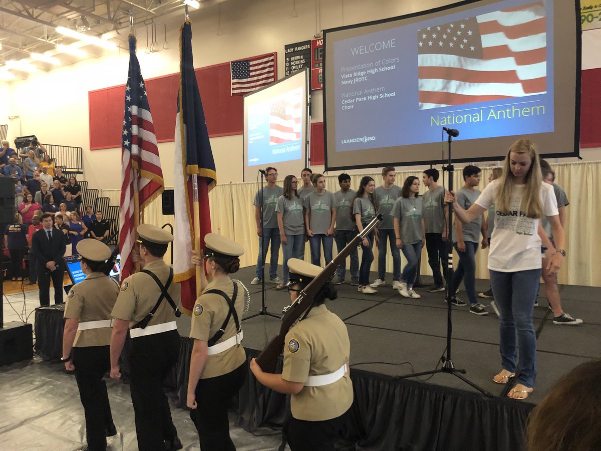LeanderISD's tweet photo. Thank you to the @CPHS_TWolves choir and the @VistaRidgeHS NJROTC for leading us in the presentation of colors and national anthem this morning. GREAT job! #LISDinspire #LISDconvocation2018 https://t.co/IVXRZAMJS5