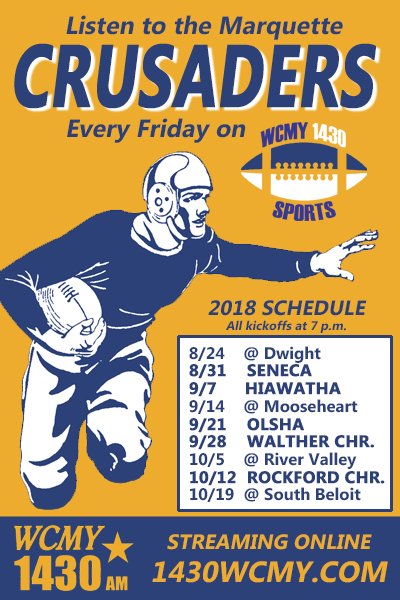 WCMYsports's tweet photo. We are just two weeks away from football! Here is Marquette's schedule for the 2018 season. #AlmostFootball #14DaysToKickoff #GoCru https://t.co/L2G94r4PMa