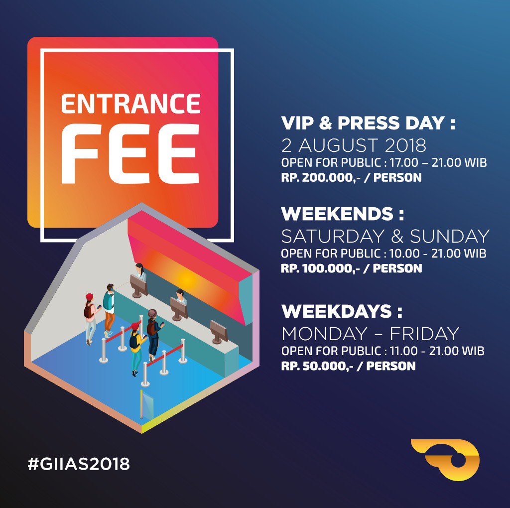 Tiket masuk GIIAS dapat dibeli melalui: 

Pre-Sale ticket di aplikasi Tokopedia &amp; Go-Tix (sampai 1 Agustus)
Ticket box di ICE BSD (2 - 12 Agustus)
Gratis masuk untuk anak dibawah umur 7 tahun/maks. tinggi 120 cm dan Lansia diatas 65 tahun. 

#GIIAS #GIIAS2018