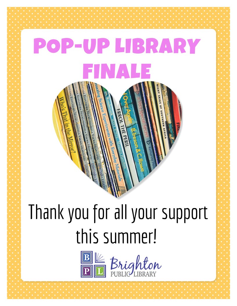 BrightonPubLib's tweet photo. Visit our FINAL location this summer on MAIN ST. by CIBC 11am - 4pm. #BPLPopUp #PopUpLibrary https://t.co/mNQbkqUSYw https://t.co/pmLoDmGUgM