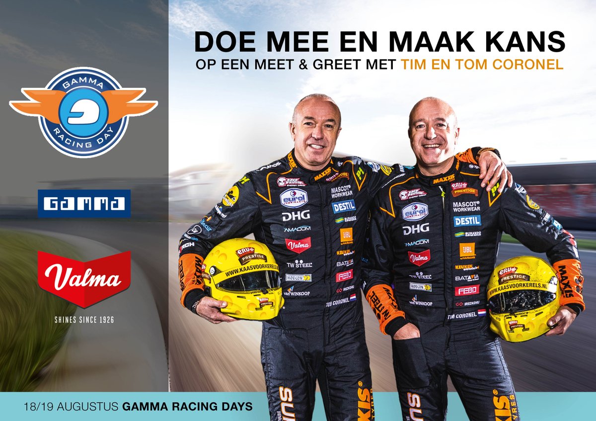 Valma_1926's tweet photo. Ga jij naar de @GammaRacingDay op 18 of 19 augustus? Maak dan nu kans op een Meet &amp; Greet met @TimCoronel en @TomCoronel. 

Meld je snel aan via https://t.co/6vlGxxyHu3! 

#meetandgreet #Valma #Valma1926 #GammaRacingDay #GRD2018 #Actie #Gamma https://t.co/SRd8Sk9nGj