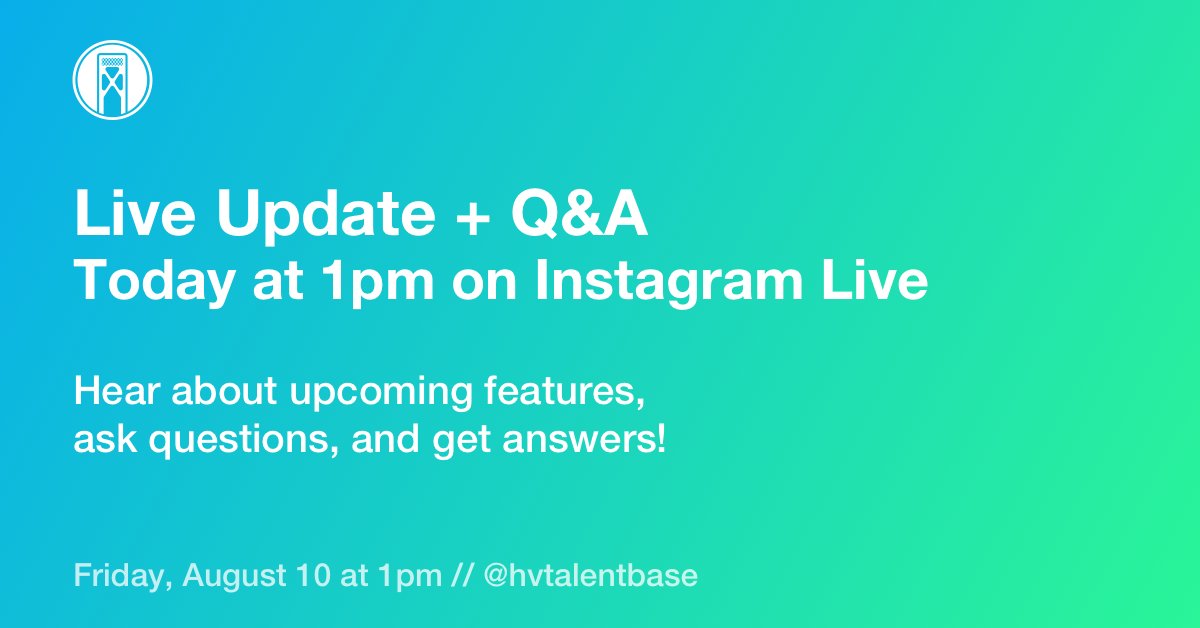 hvtalentbase's tweet photo. Today at 1pm we're going live on Instagram! Follow us at https://t.co/GONuX4tXtr to:

📢 Learn about new features
🎨 See some upcoming design changes
🤷 Participate in a live community Q&amp;A

If you have a question you want me to answer, reply here! https://t.co/ICrZfntcqz