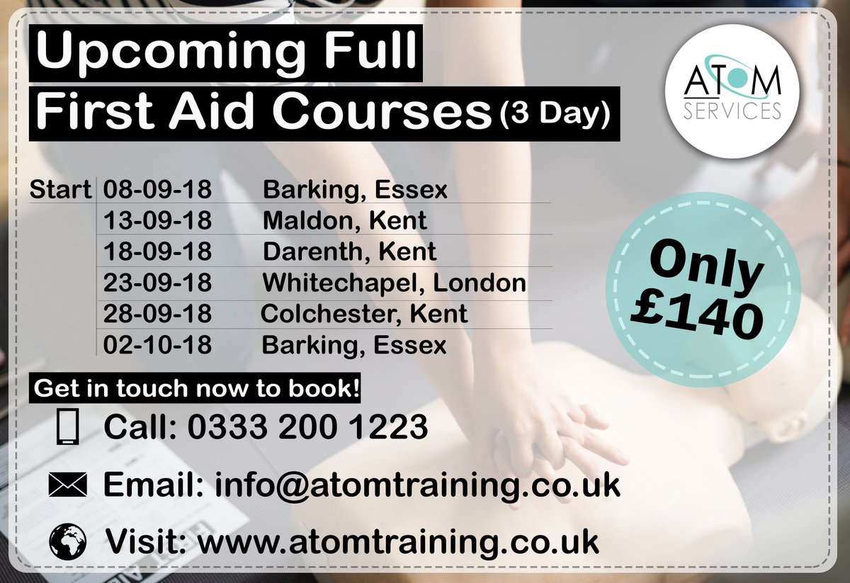 Atom Training Centre (@atomtraininguk) on Twitter photo First Aid at Work is a qualification designed to help organisations meet the minimum requirements for First Aiders in accordance with Health & Safety First Aid at Work Regulations (1981).
Call 03332001223 or email info@atomtraining.co.uk to book!
Atomtraining.co.uk First Aid at Work is a qualification designed to help organisations meet the minimum requirements for First Aiders in accordance with Health & Safety First Aid at Work Regulations (1981).
Call 03332001223 or email info@atomtraining.co.uk to book!
Atomtraining.co.uk