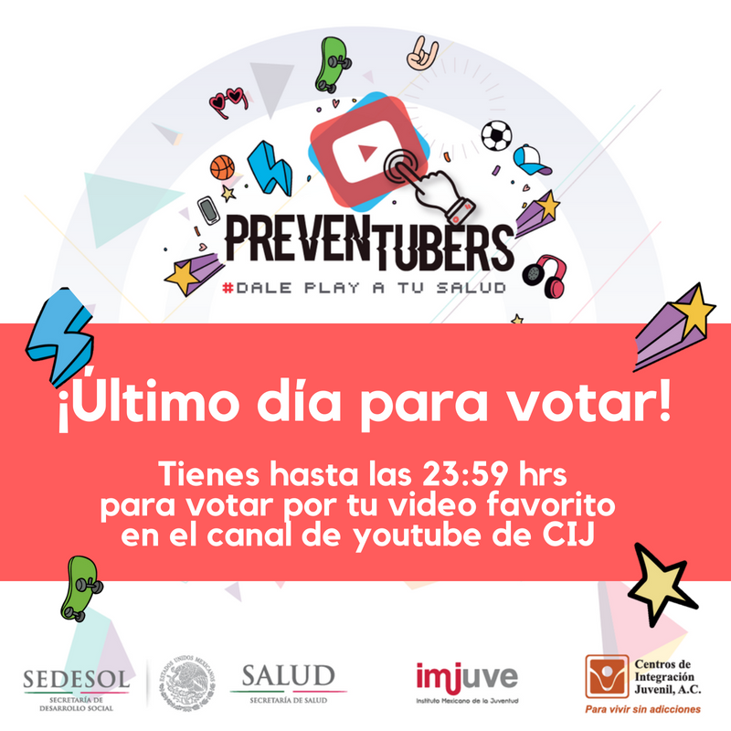 CIJ_Adicciones's tweet photo. No esperes más y vota por el próximo #Preventuber en nuestro canal de Youtube https://t.co/fRpR5eANvu @ImjuveMX https://t.co/U5IM7sZqhz