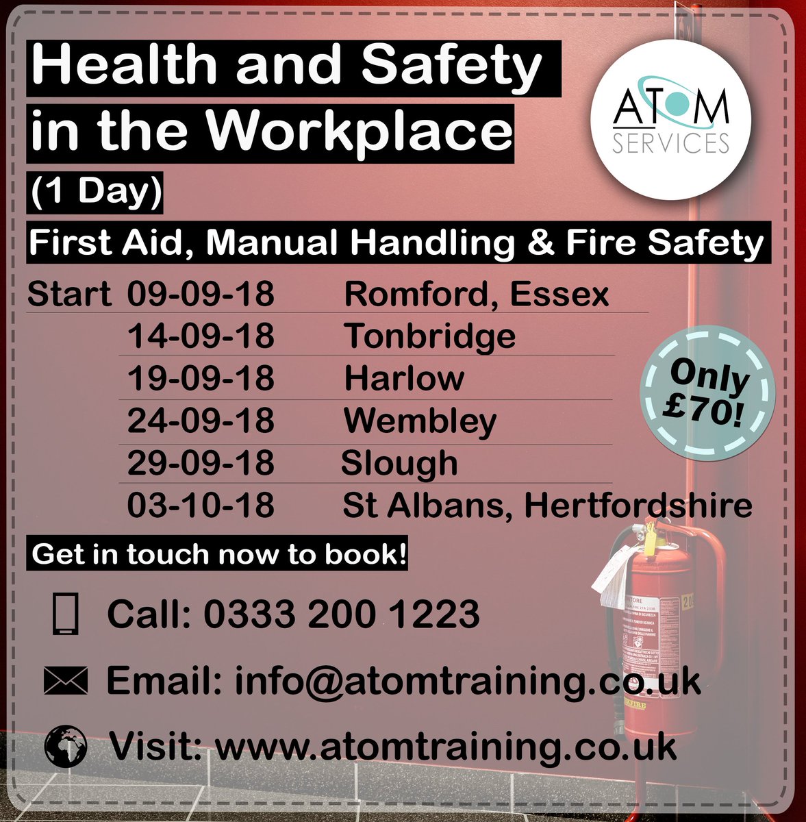 Atom Training Centre (@atomtraininguk) on Twitter photo The Health and Safety at Work Core Package covers;
- First Aid
- Manual Handling &
- Fire Safety
This covers the above 3 legislations for your company to comply.
Call 03332001223 or email info@atomtraining.co.uk to book!
atomtraining.co.uk The Health and Safety at Work Core Package covers;
- First Aid
- Manual Handling &
- Fire Safety
This covers the above 3 legislations for your company to comply.
Call 03332001223 or email info@atomtraining.co.uk to book!
atomtraining.co.uk