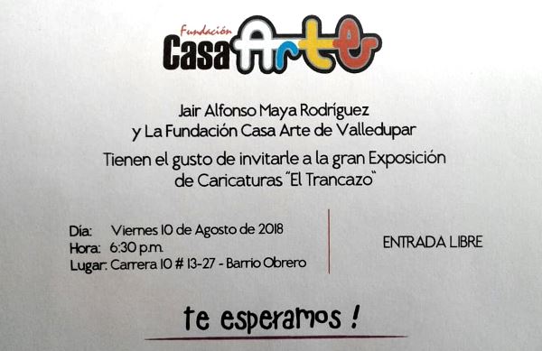 P_Cultural's tweet photo. #Recomendado La inauguración de la exposición de caricaturas "El trancazo" del artista Jair Maya en la #CasaArte de @Valledupar_Col. Hoy viernes 10 de agosto 6.30pm. Entrada libre. https://t.co/YbKzdGXDP0