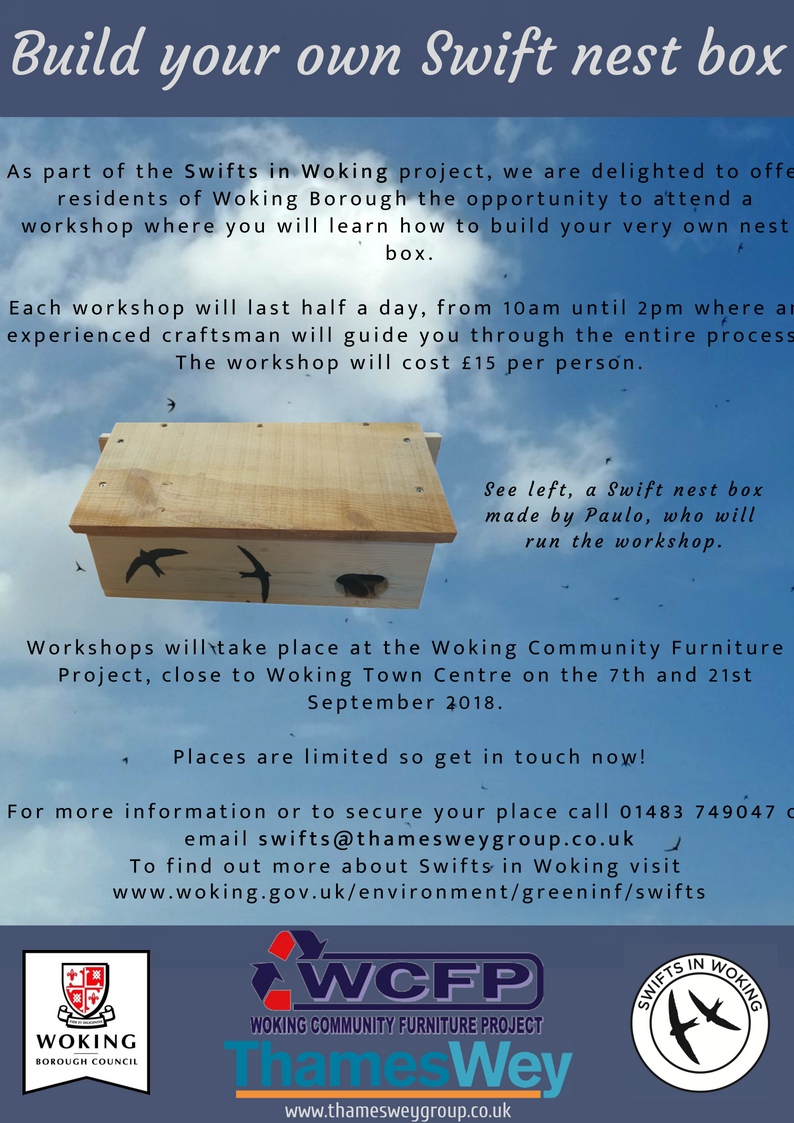 bunceyola's tweet photo. Fantastic news for swifts in #Woking! Two workshops in September open to anyone living in the Borough of Woking. Build your own swift box and take it home. Places still available. @SwiftsInWoking will arrange installation too! 
@SurreyBirdNews https://t.co/up7uDkZsgO