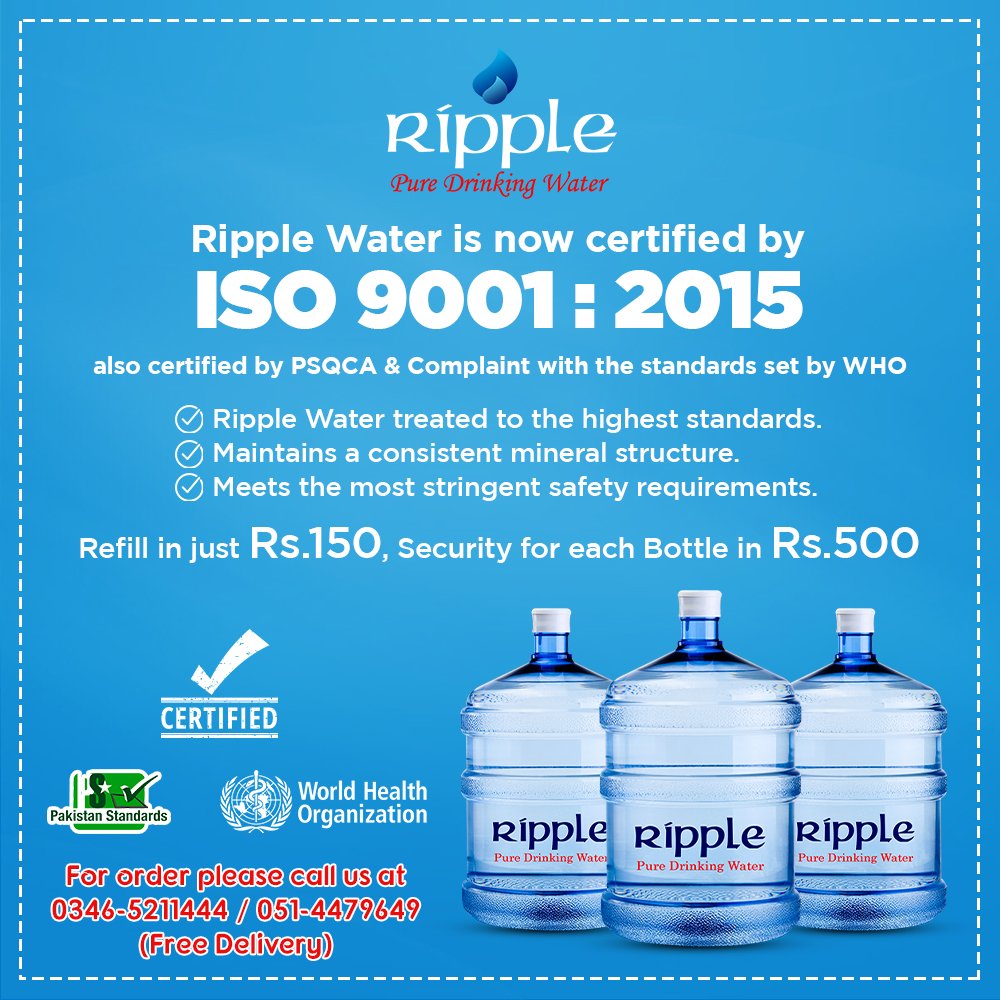 RippleWaterPak's tweet photo. Ripple Water is now certified by ISO 9001:2015 standards 

We will be providing safe drinking water complaint with the international standards.

#RippleWater #ISOcertified #mineralwater #purewater #puredrinkingwater #water #stayhealthy #healthywater #healthyliving #pure https://t.co/ZlVWb7yJPF