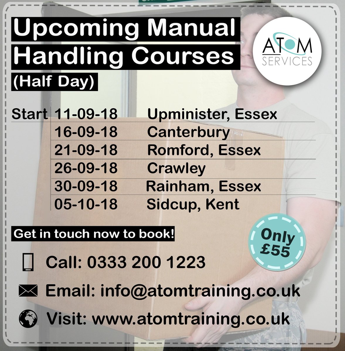 Atom Training Centre (@atomtraininguk) on Twitter photo Almost all occupations involve a degree of risk and it is essential that the right manual handling techniques are used to avoid potential injury due to improper lifting techniques.
Call 03332001223 or email info@atomtraining.co.uk to book!
atomtraining.co.uk Almost all occupations involve a degree of risk and it is essential that the right manual handling techniques are used to avoid potential injury due to improper lifting techniques.
Call 03332001223 or email info@atomtraining.co.uk to book!
atomtraining.co.uk