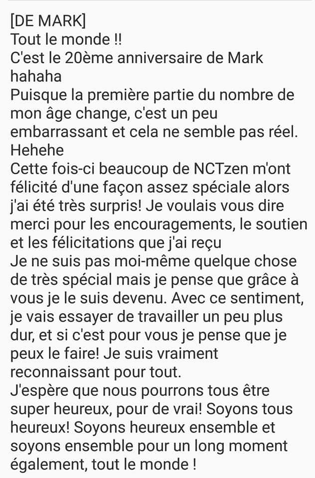 NCTFR's tweet photo. [TRAD] 090818 - Message de Mark datant du 020818 pour son anniversaire 🎉

Cr: nct.smtown || NCT - France World #Leika (trad fr : #ChocolaTae) https://t.co/qKufaX9ExX