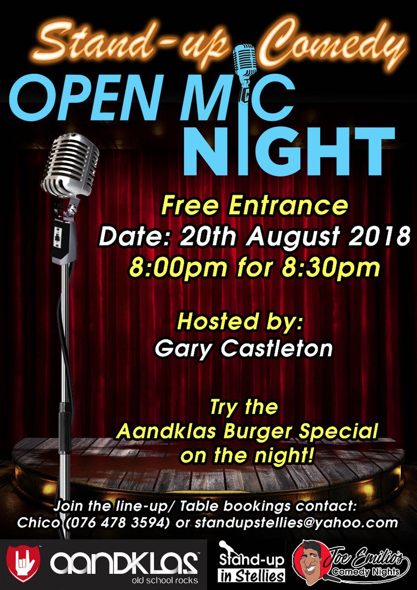 ComedyCapitalZA's tweet photo. @StandupStellies @joeemiliocomedy bringing comedy to @Aandklas on the 20th of August!

With host @castleton38 and Headliner @joeemiliocomedy 

Sign up to join the lineup at https://t.co/jLSByMNUU4

Aandklas will be having burger specials on the evening!

#SAComedy #comedy https://t.co/tGFgs0vjrB