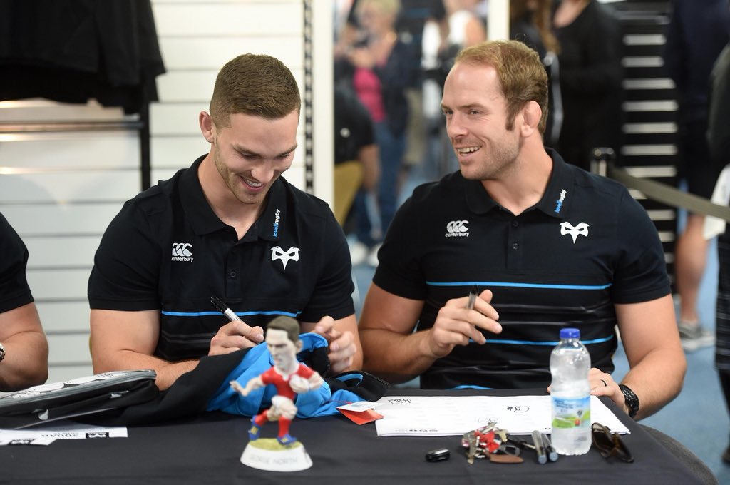 George_North's tweet photo. Good morning at the Liberty stadium meeting the fans and to launch the new kit. Exciting times ahead. And yes that’s two picture of @AlunWynJones smiling!😂 https://t.co/e2XefoyGFY