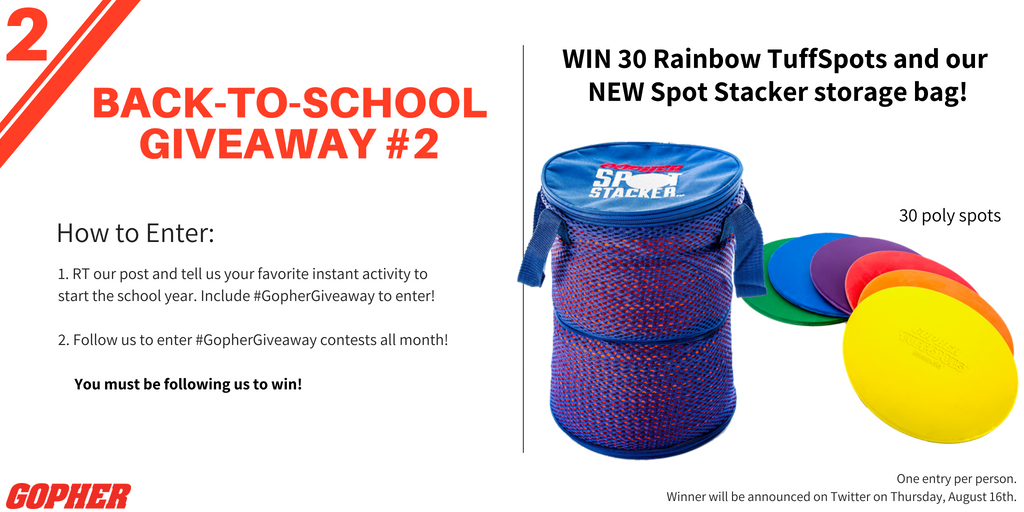 GopherSport's tweet photo. #GopherGiveaway! We listened and the most popular #PhysEd essential was poly spots. Win 30 TuffSpots and our new Spot Stacker storage bag! Simply RT this post with #GopherGiveaway and tell us your favorite instant activity to start the school year. #PE #ElemPE #SecPhysEd https://t.co/fO5zFCuMze