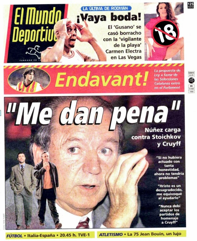 Con motivo de su boda con Dennis Rodman, Carmen Electra apareció en topless en  la portada de Mundo Deportivo del 18 de noviembre de 1998., image size:835x1023