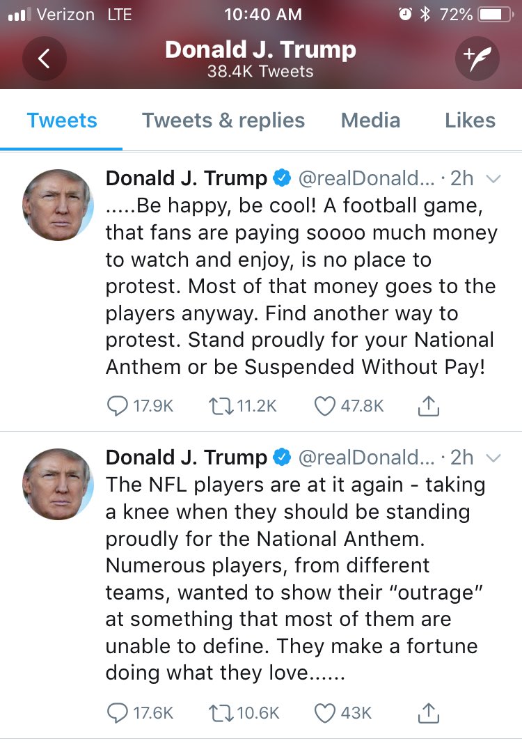 216cmw's tweet image. First, I doubt Trump actually wrote these tweets—the sentence structure is too complex. Second, he doesn’t really care about people’s right to protest. He just knows this issue fires up his base. 

I love ⁦@Twitter⁩ but I really hate that he uses it! #resist #NFLProtest