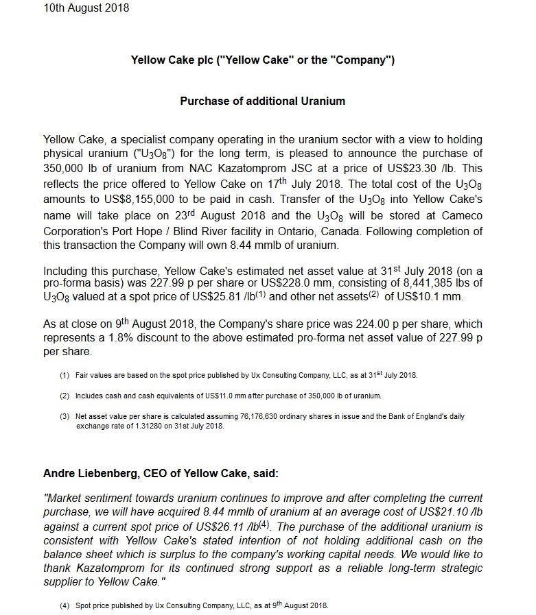 John Quakes On Twitter Yellow Cake Plc Aim Yca Physical Uranium Specialist Fund In London Reports An Additional U3o8 Purchase Of 350 000 Lbs From Kazatomprom On 17th July At Price Of Us23 30 Lb