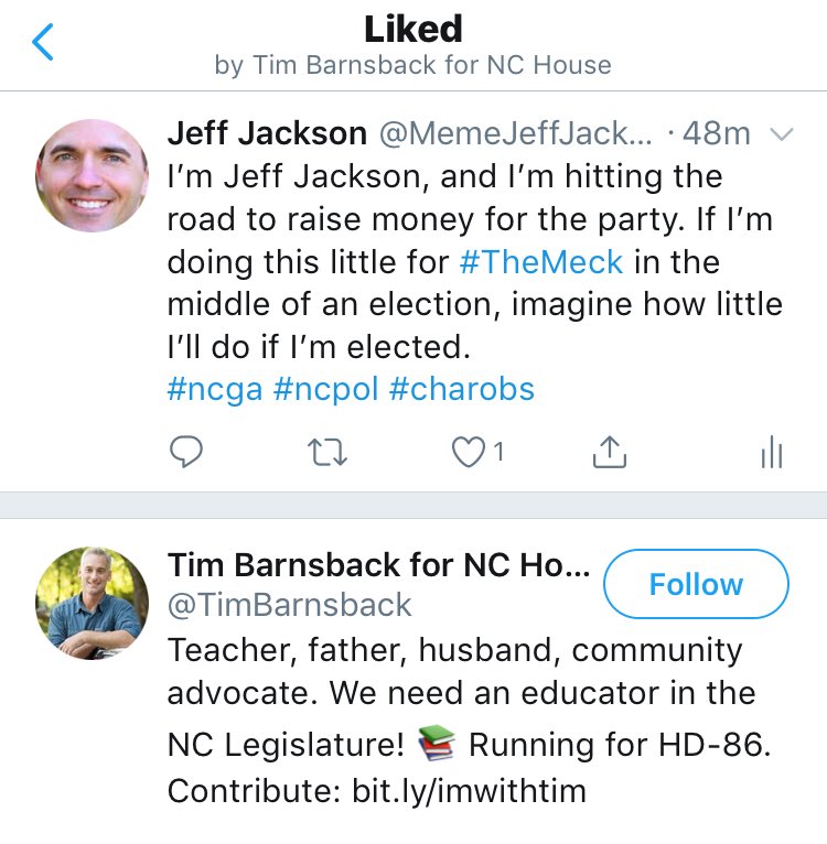 MemeJeffJackson's tweet photo. Aw, @TimBarnsback, I thought we were really getting somewhere. One of two things happened: 1) you agreed with the tweet or 2) you didn’t bother to read it before pressing like. Either way, seems like all the #NCDems are slipping…
#ncga #ncpol #charobs
@DailyHMblog https://t.co/OMMcGslOTV