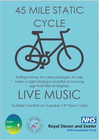 NCSBNights's tweet photo. On Tuesday we will be holding a static bike ride outside #Exeter Central Train station. 45 miles to represent the 45 beds on bramble ward @RDEhospitals ! If you’re near by, come say hi!! You can sponsor us on our @gofundme https://t.co/QvfclGAOuy #ExeterNCS #NCS https://t.co/lflC2g6SJo