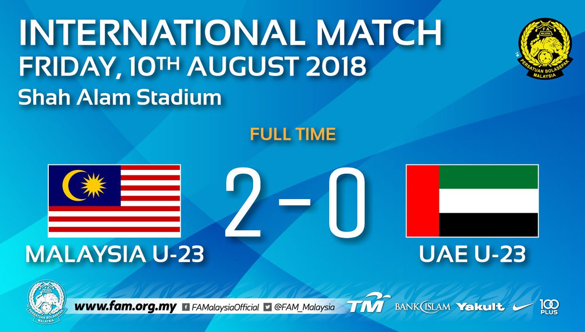 FAM_Malaysia's tweet image. International Match | Friday, 10th August 2018

Full Time

MALAYSIA U-23 2-0 UAE U-23
Safawi Rasid 27' Akhyar Rashid 64'

#FAM #HarimauMalaya