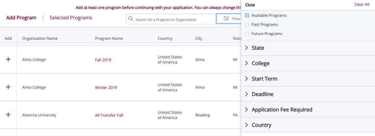CommonApp's tweet photo. Check out the growing list of #CommonApp colleges and universities accepting the new transfer application! Click on the "Available Programs" filter to see which programs are currently available and keep an eye out for regular updates! https://t.co/f6pJgalbM7 https://t.co/xrLlKo4cgo