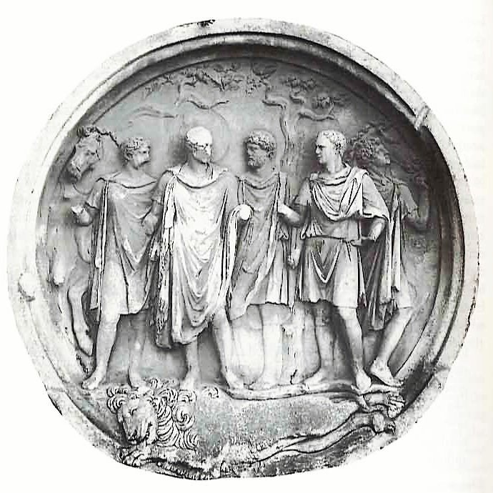 antinousgaygod's tweet photo. #WorldLionDay: #ConstantineArch #Tondo portrait shows #Hadrian standing on a #lion he slew in #Egypt with #Antinous (possibly at far right). https://t.co/9CHtfkLqdV