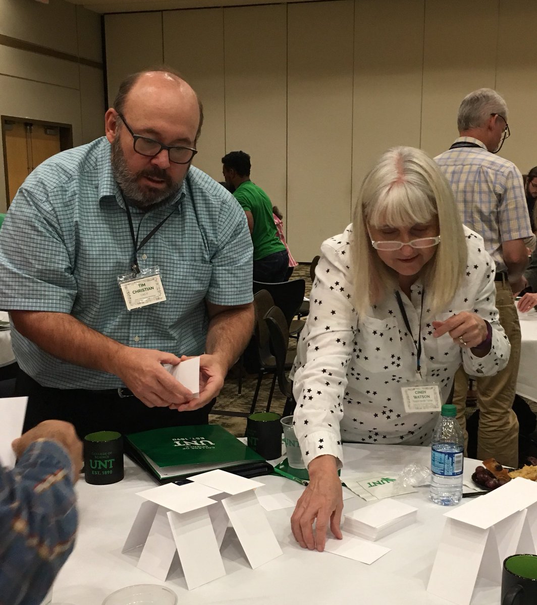 TeachNorthTexas's tweet photo. Tim Christian & Cindy Watson work together on the Card Tower Challenge at the @UNTScience #COSWorkshop18 https://t.co/y9f7h0tLZe