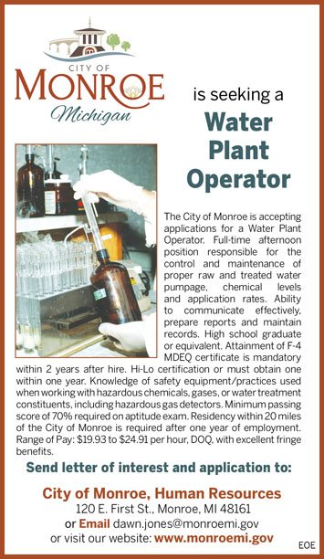MonroeNewsJobs's tweet photo. The City of Monroe is seeking a Water Plant Operator#cityofmonroemijobs#waterplantoperatormonroemi https://t.co/EtvQvBCuhd