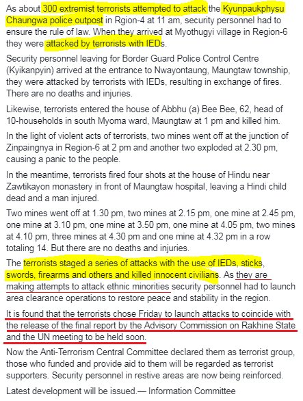 Aug 26, 2017-Breaking News 7Bengalis from Myinlut propagandized that their houses were burnt down by Tatmadaw but *they themselves set fire*. Also staged a series of attacks with the use of IEDs, swords, firearms & killed civilians. Detail here  https://bit.ly/2KL7PoG&nbsp;