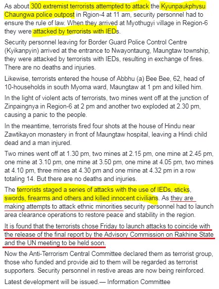 Aug 26, 2017-Breaking News 7Bengalis from Myinlut propagandized that their houses were burnt down by Tatmadaw but *they themselves set fire*. Also staged a series of attacks with the use of IEDs, swords, firearms & killed civilians. Detail here  https://bit.ly/2KL7PoG 