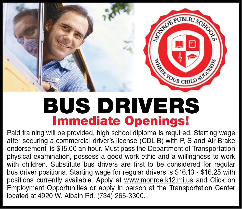 MonroeNewsJobs's tweet photo. Monroe Public Schools has immediate openings for bus drivers #monroemibusdrivers https://t.co/CJbbfAXk4M