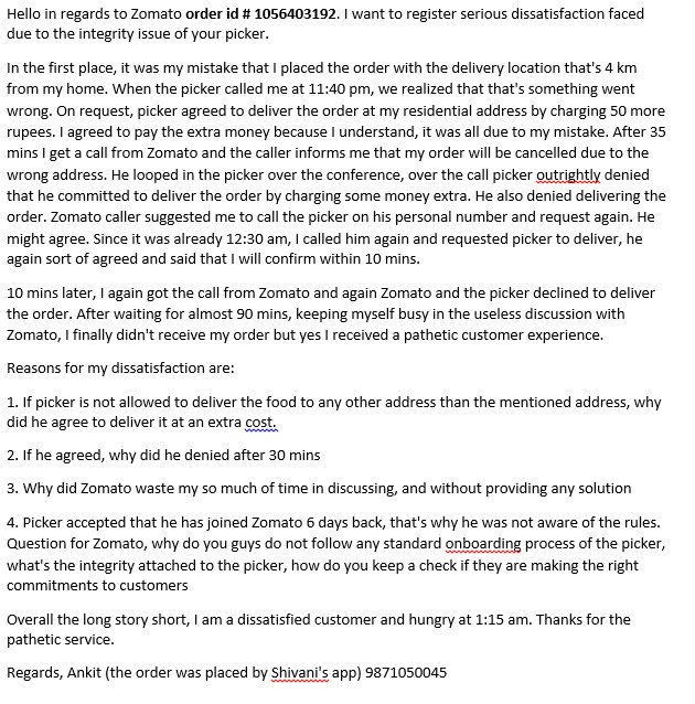 Ankitranjan88's tweet photo. @Zomato please check the integrity of your pickers, please train them well, make them aware about do's and don't of job &amp; ensure that the picker avoid making any false commitments to customers be it any circumstances .  Please read my complaint in the image https://t.co/Ekz1AvdYfy