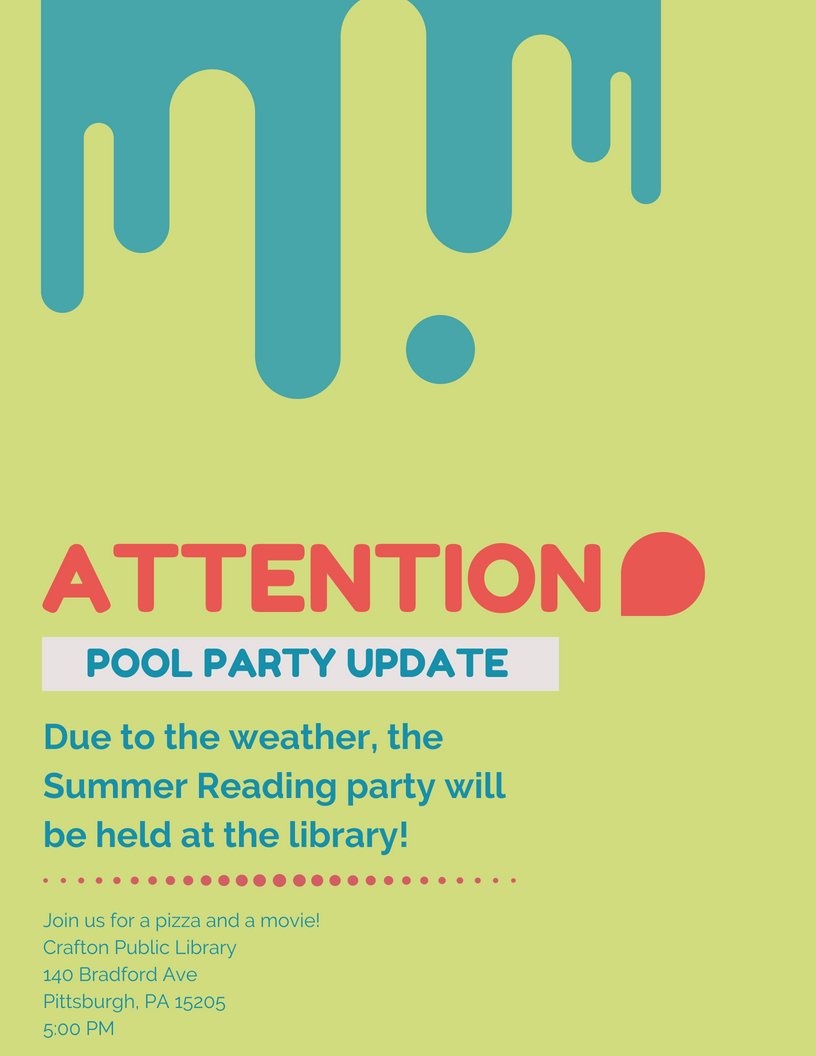 crafton_library's tweet image. Due to the weather, we are going to hold our Summer Reading program at the library! Join us from 5 PM to 7 PM for pizza, movies, and games!