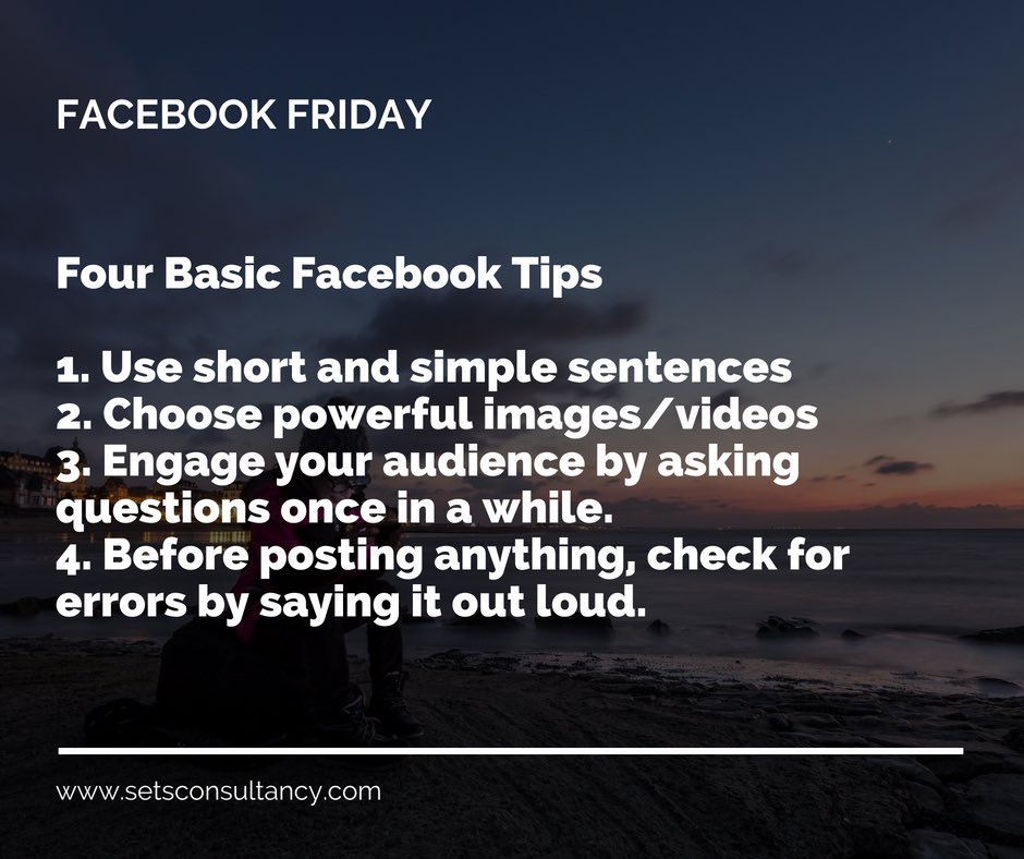 setsconsultancy's tweet photo. TGIF! Let’s not make social media marketing, specifically, Facebook marketing complicated. It’s as simple as following these basic tips.
#SETSConsultancy #DigitalMarketing #CreativeAdAgency #DigitalAdvertising #Branding #OnlineMarketing #Marketing #Consultancy #Consulting https://t.co/ViZIuVzUWS