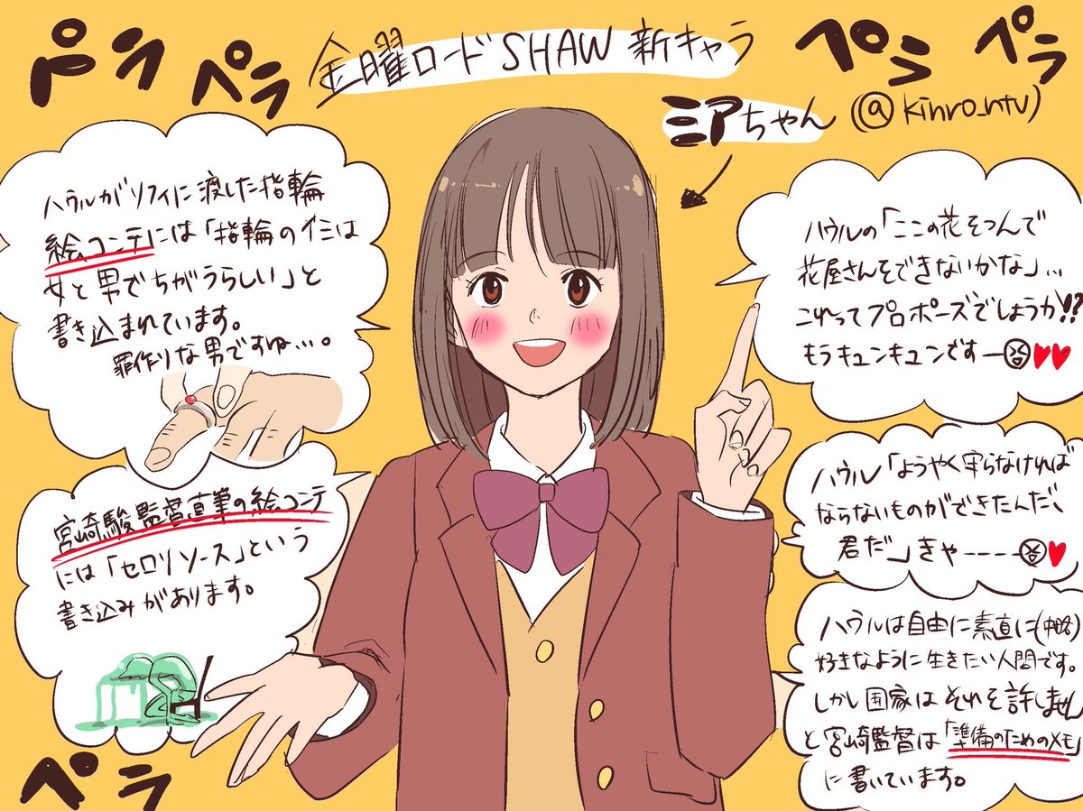 金曜ロードSHOW公式キャラクターのミアちゃん(@kinro_ntv )！
オタ友を見つけたような感覚で大好きになりました❤️

ハウルの動く城放送中、ジブリオタク顔負けのマニアックな情報をツイートしまくるミアちゃん↓… 