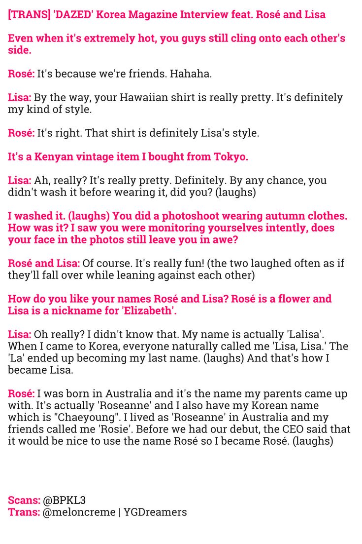meloncreme's tweet photo. [TRANS] 'DAZED' Korea Magazine Interview feat. BLACKPINK's Rosé and Lisa 1/3

#BLACKPINK #블랙핑크 #블링크 #BLINK #로제 #ROSÉ #리사 #LISA @ygofficialblink @YGDreamers https://t.co/cnpjXI2dFw