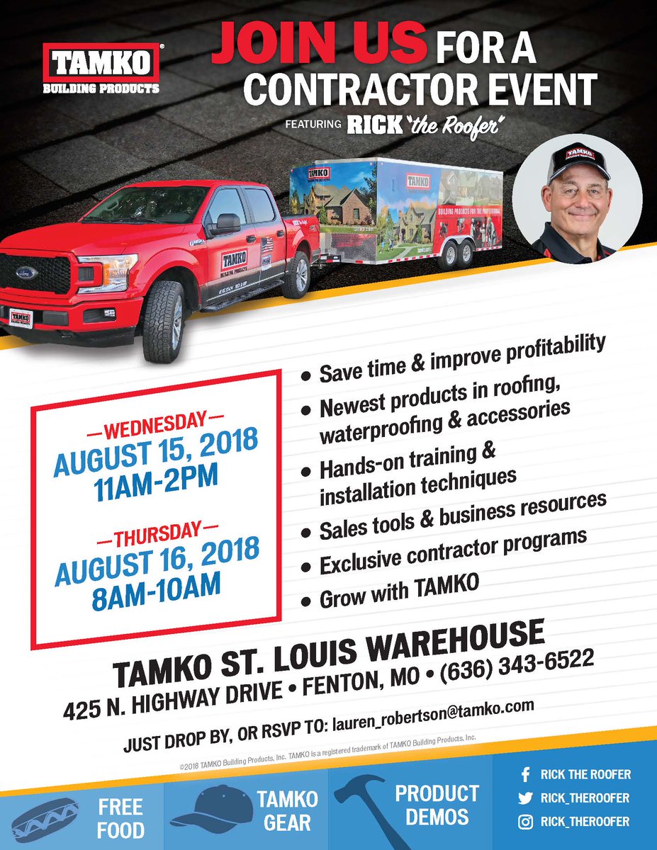 Rick_theRoofer's tweet photo. Drum roll please! If you're a contractor in the St. Louis area, join me for a Lunch and Learn next week at TAMKO's warehouse in Fenton! #event #ricktheroofer #tamko #roofingcontractor #roofer #stlouisroofer https://t.co/rnQxKHWXua