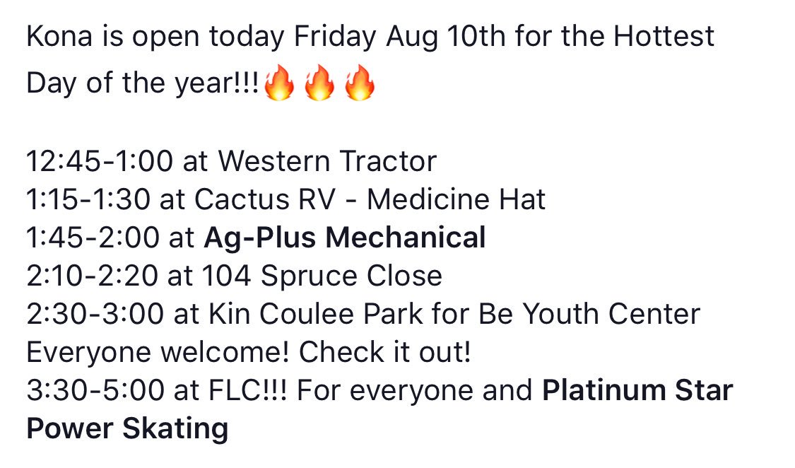 Cool off with Kona today!  Kona Lady is rolling for the hottest day of the year!🔥❤️