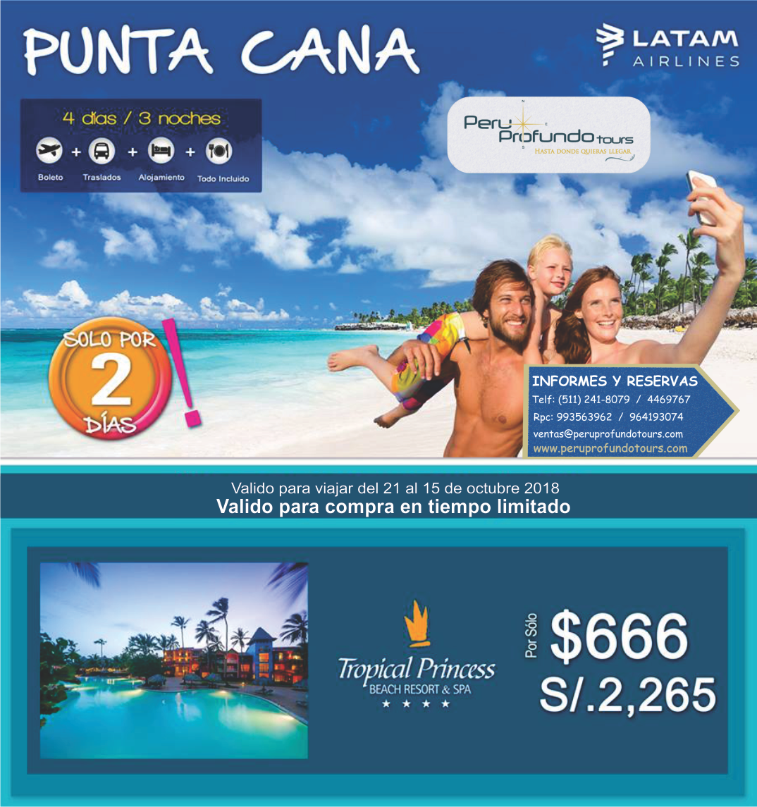 PeruprofundoT's tweet photo. Una ves al año viaja a algún lugar al que nunca hayas ido 🌎✈️
Aprovecha es tiempo limitado!!!!!
Ubicanos: Av. Larco 101, Miraflores 🏢
Informes: (01) 2418079 o 993563962 📞
#Peruprofundotours #hastadondequierasllegar
#viajerosporelmundo #Miraflores #Peru #PuntaCana https://t.co/mSvam1Apcl