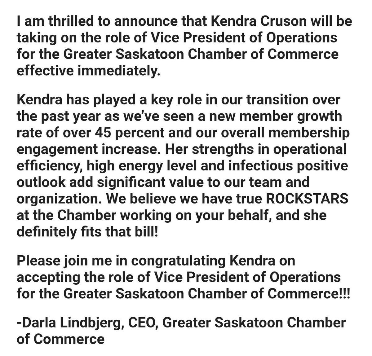 TheChamberYXE's tweet photo. Huge news at the Chamber today as CEO @darlalindbjerg announces @KendraCruson has accepted the role of Vice President of Operations at the @StoonChamber

Congratulations, Kendra!

#yxe #yxebusiness #yxenetworking #yxeevents #YourChamberIsChanging #yxemarketing #GSCOC https://t.co/1NoImBul7g