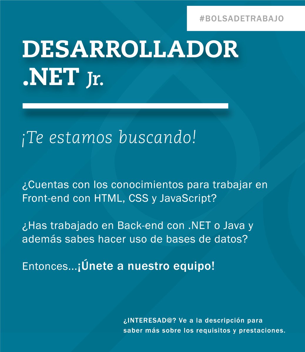 SmartByteMX's tweet image. ¡¡Nuevo proceso de contratación!! 👩🏽‍💻👨🏽‍💻
(3 vacantes) 
#CDMX 
Carrera en sistemas computacionales o afín 
Contrato de tiempo completo (Lun a Vie) 
Prestaciones superiores a la ley y adicionales
Envía tu CV a comunicacion@smartbyte.com.mx
#BolsaDeTrabajo #pymes #software